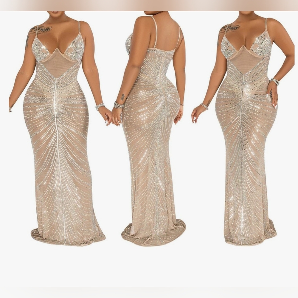 Maxi Mesh Rhinestones details Dress New Size XL Strech Material. - Picture 1 of 5
